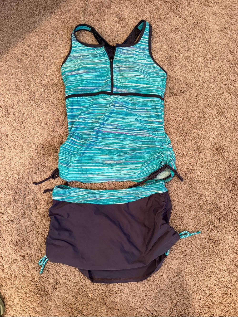 Blue-Green Striped Tankini with Gray Skirt Bottom